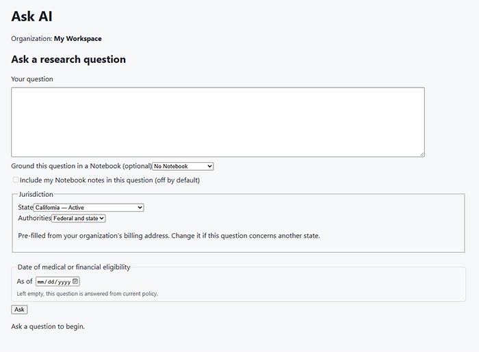 Ask AI research question form with notebook, jurisdiction and eligibility date options