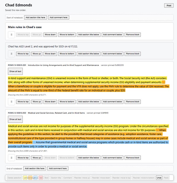 A case notebook with section titles, comments and highlighted POMS excerpts